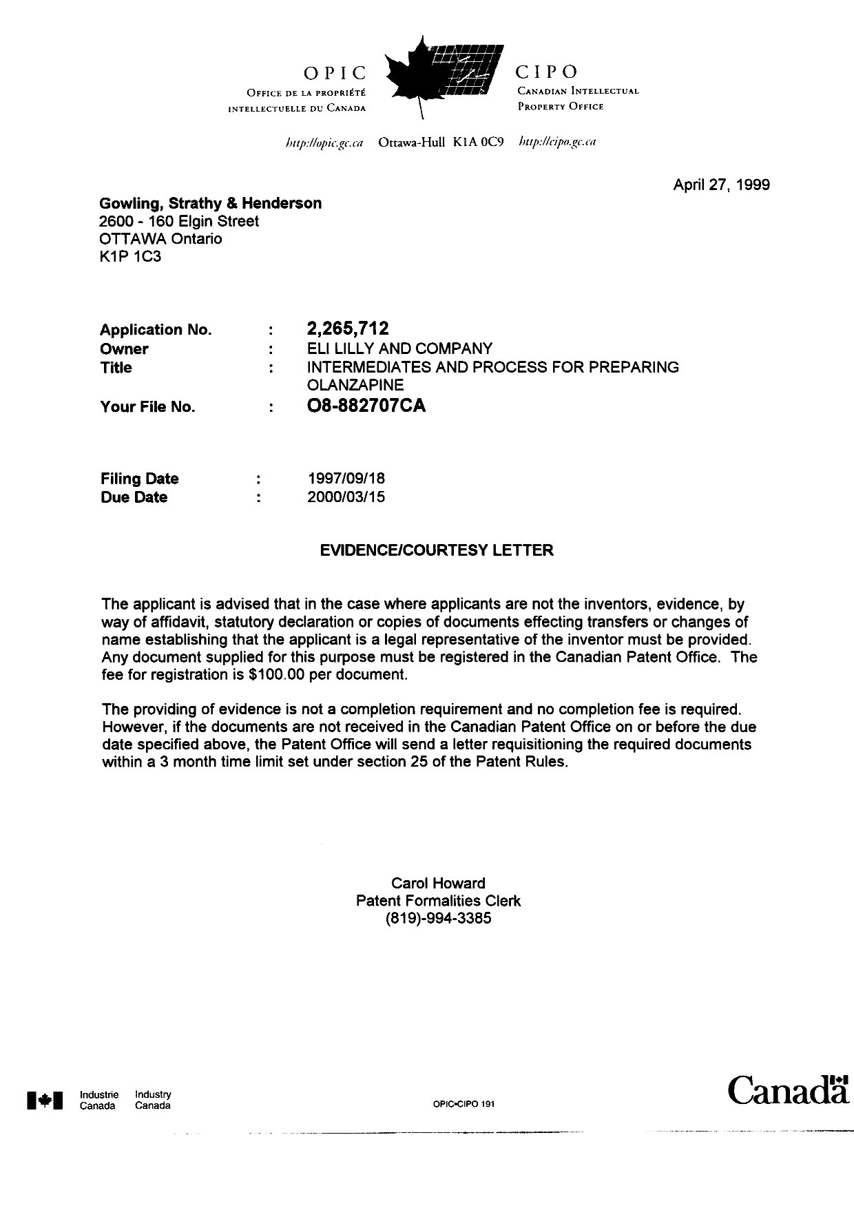 Document de brevet canadien 2265712. Correspondance 19990427. Image 1 de 1