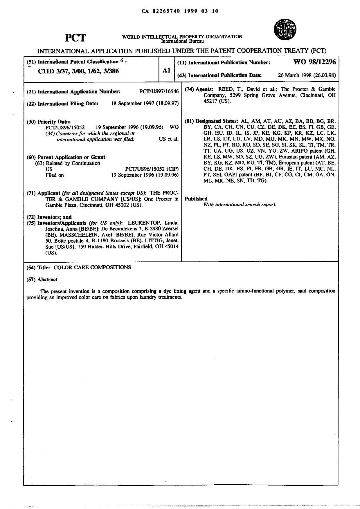 Document de brevet canadien 2265740. Abrégé 19990310. Image 1 de 1