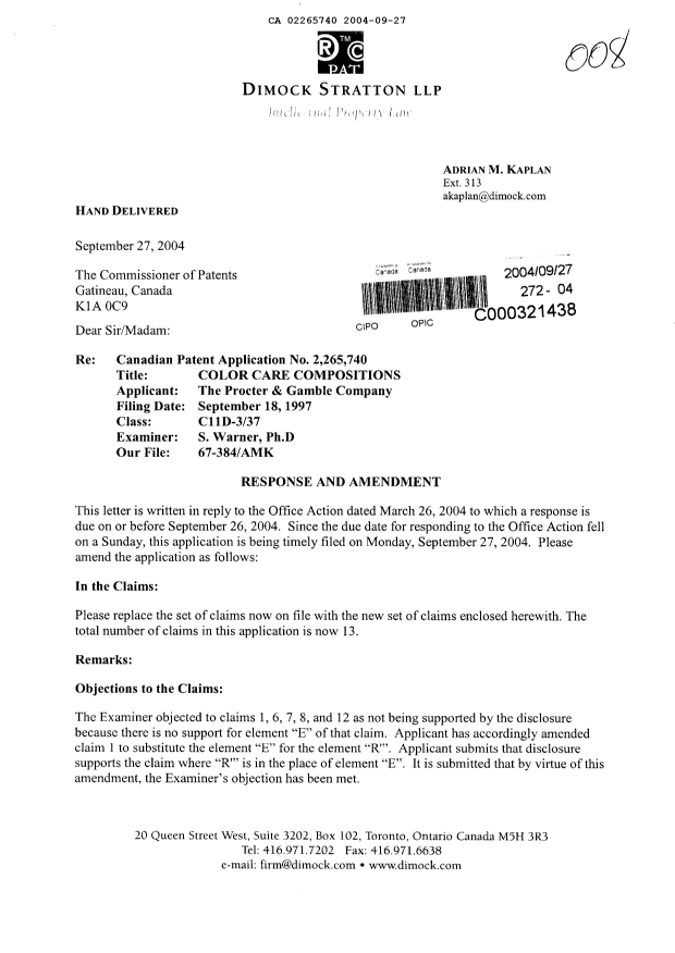Canadian Patent Document 2265740. Prosecution-Amendment 20040927. Image 1 of 10