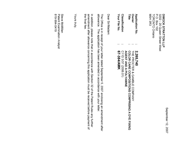 Document de brevet canadien 2265740. Poursuite-Amendment 20070912. Image 1 de 1
