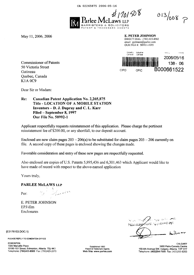 Document de brevet canadien 2265875. Poursuite-Amendment 20060516. Image 2 de 12