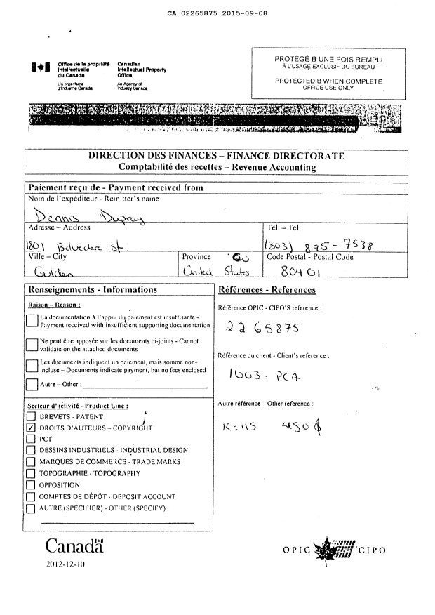 Document de brevet canadien 2265875. Paiement de taxe périodique 20150908. Image 2 de 2