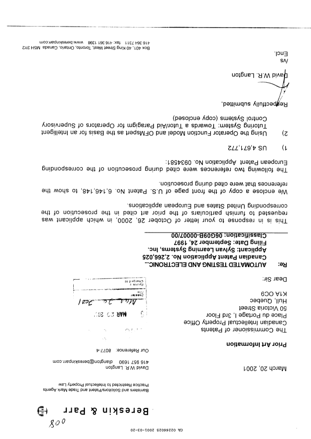 Canadian Patent Document 2266025. Prosecution-Amendment 20010320. Image 1 of 2