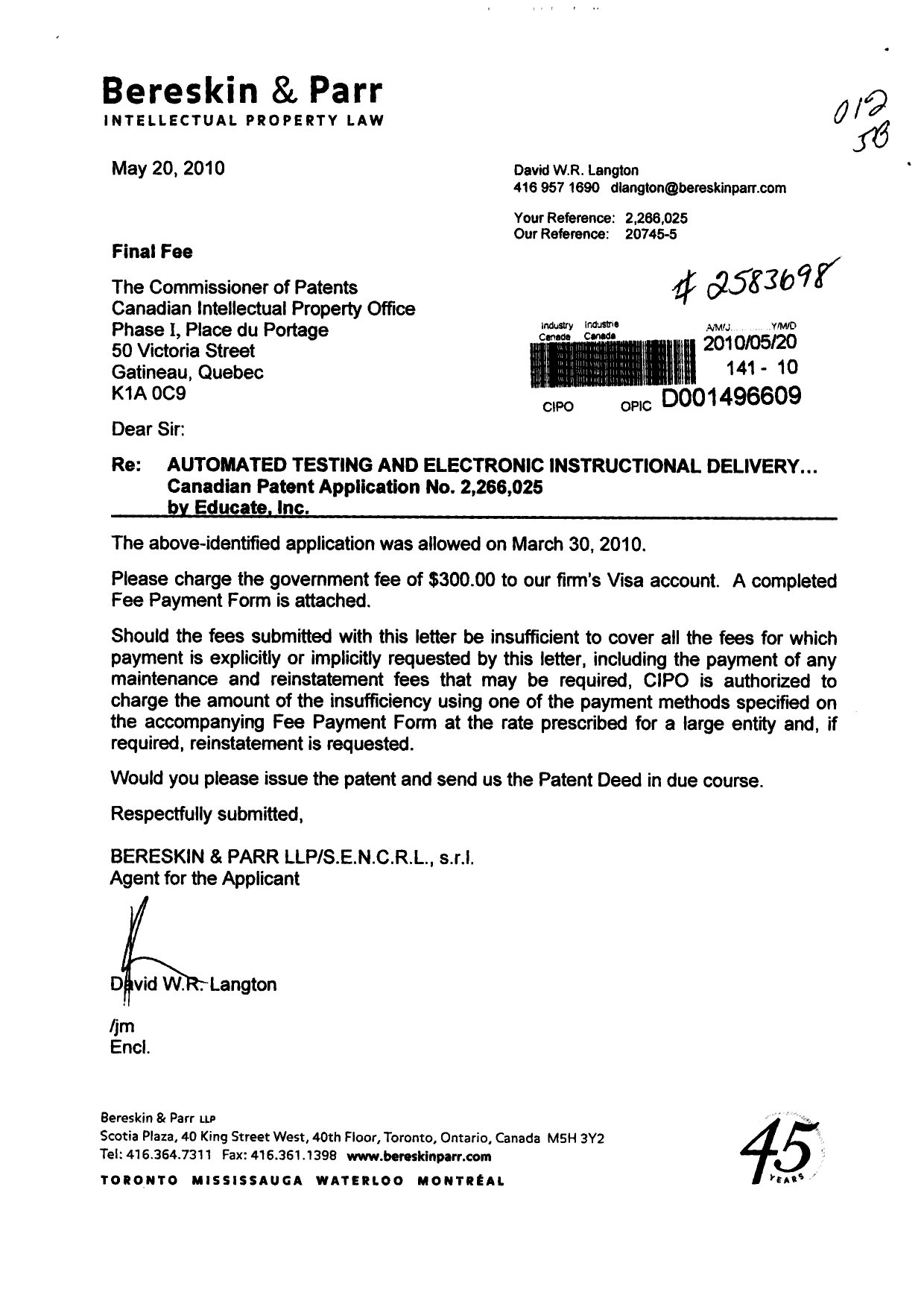 Document de brevet canadien 2266025. Correspondance 20100520. Image 1 de 1