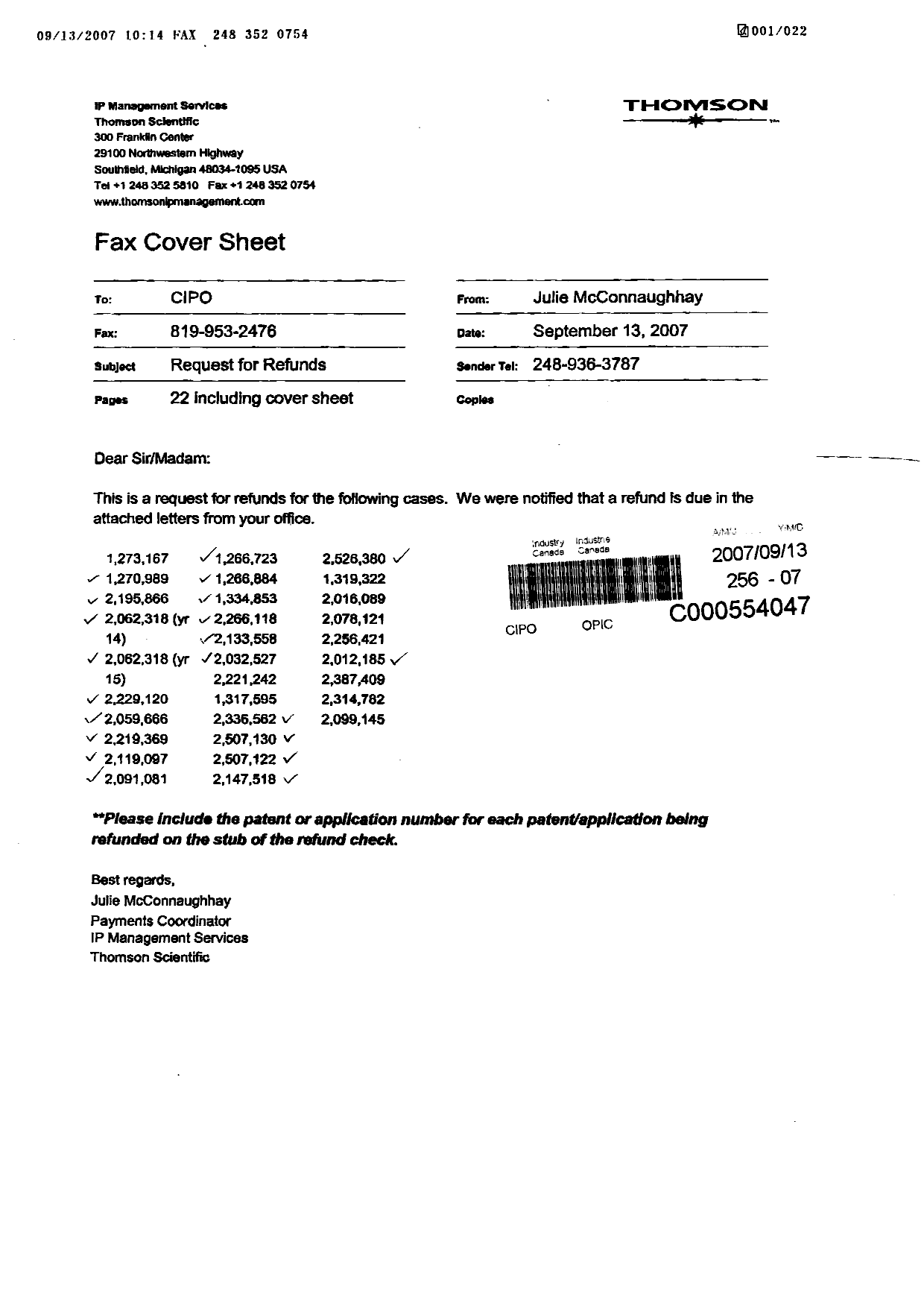 Canadian Patent Document 2266118. Correspondence 20070913. Image 1 of 1