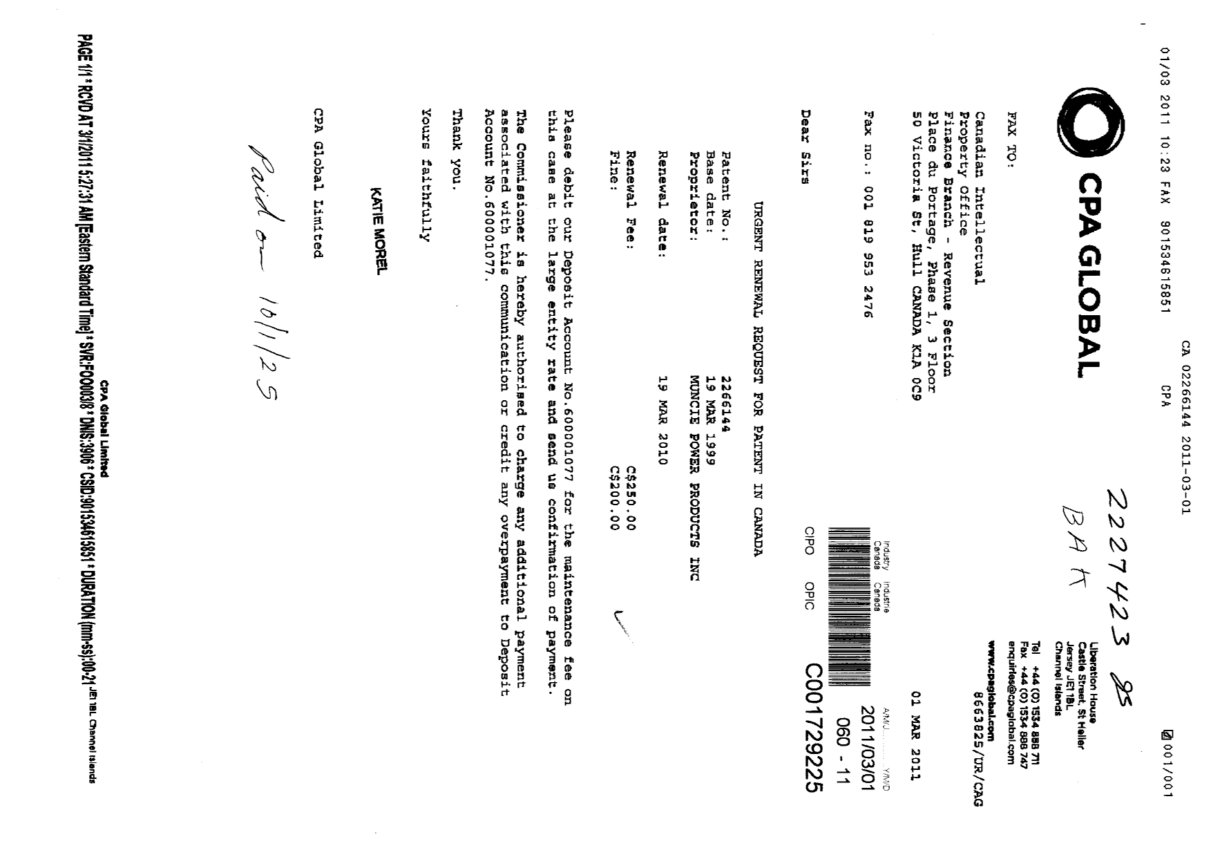 Document de brevet canadien 2266144. Taxes 20110301. Image 1 de 1