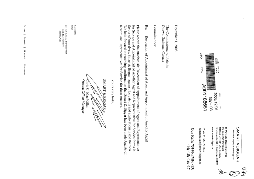 Document de brevet canadien 2266194. Correspondance 20081201. Image 1 de 7