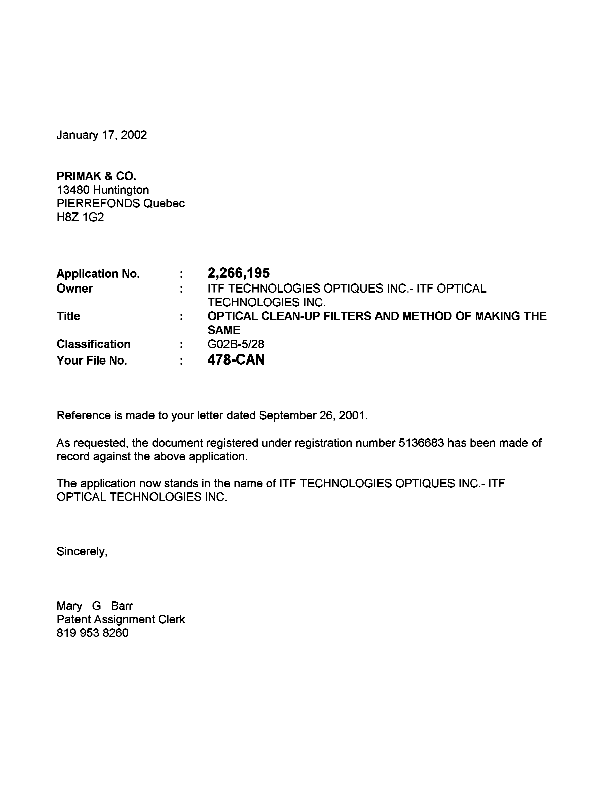 Document de brevet canadien 2266195. Cession 20020117. Image 1 de 1
