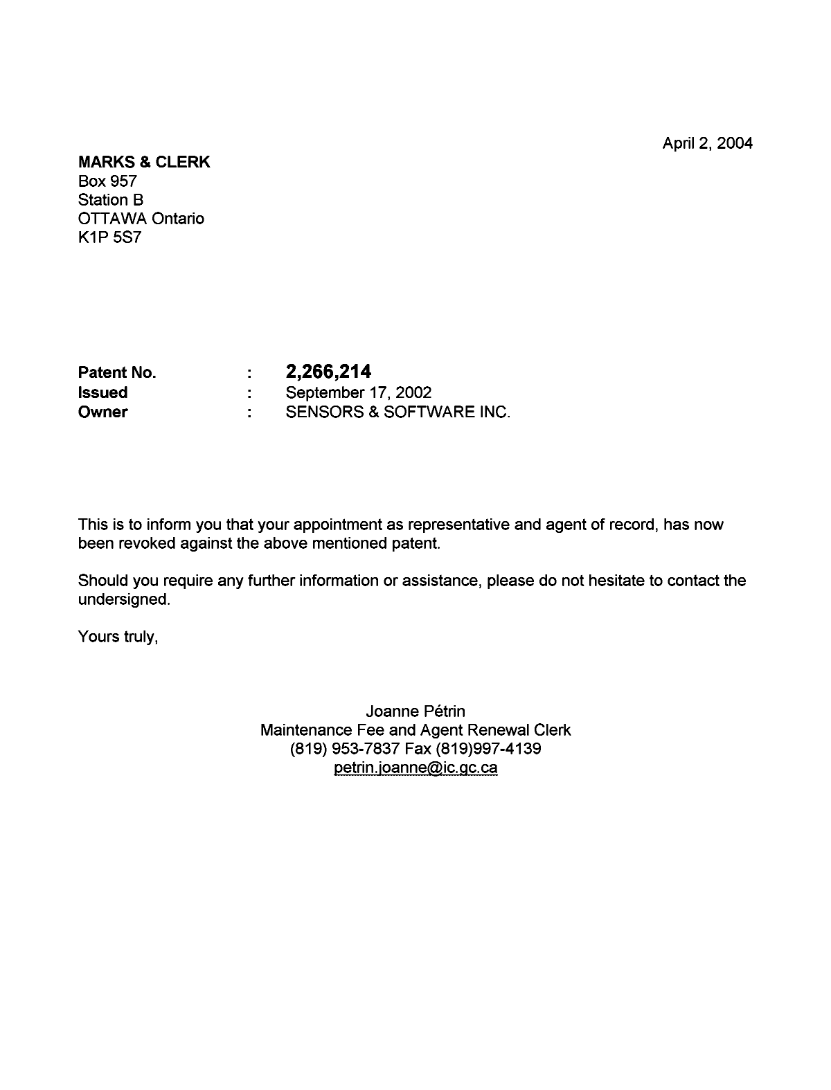 Document de brevet canadien 2266214. Correspondance 20040402. Image 1 de 1