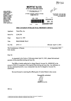 Document de brevet canadien 2266296. Correspondance 20030916. Image 1 de 1