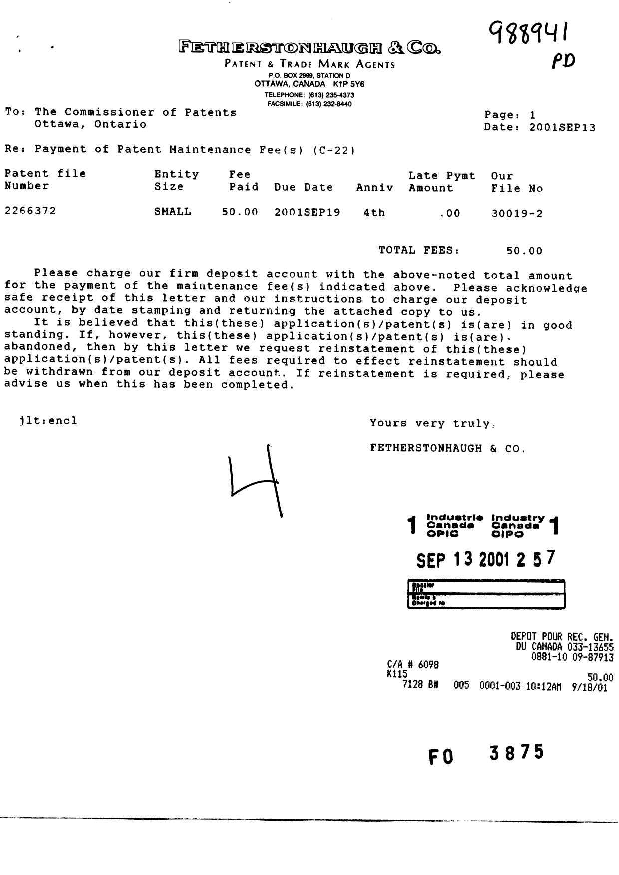 Document de brevet canadien 2266372. Taxes 20010913. Image 1 de 1