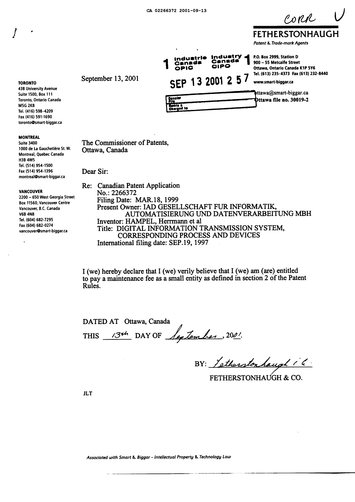 Document de brevet canadien 2266372. Correspondance 20010913. Image 1 de 1