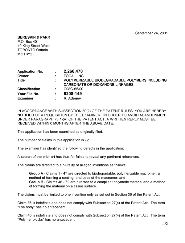 Canadian Patent Document 2266478. Prosecution-Amendment 20010924. Image 1 of 2