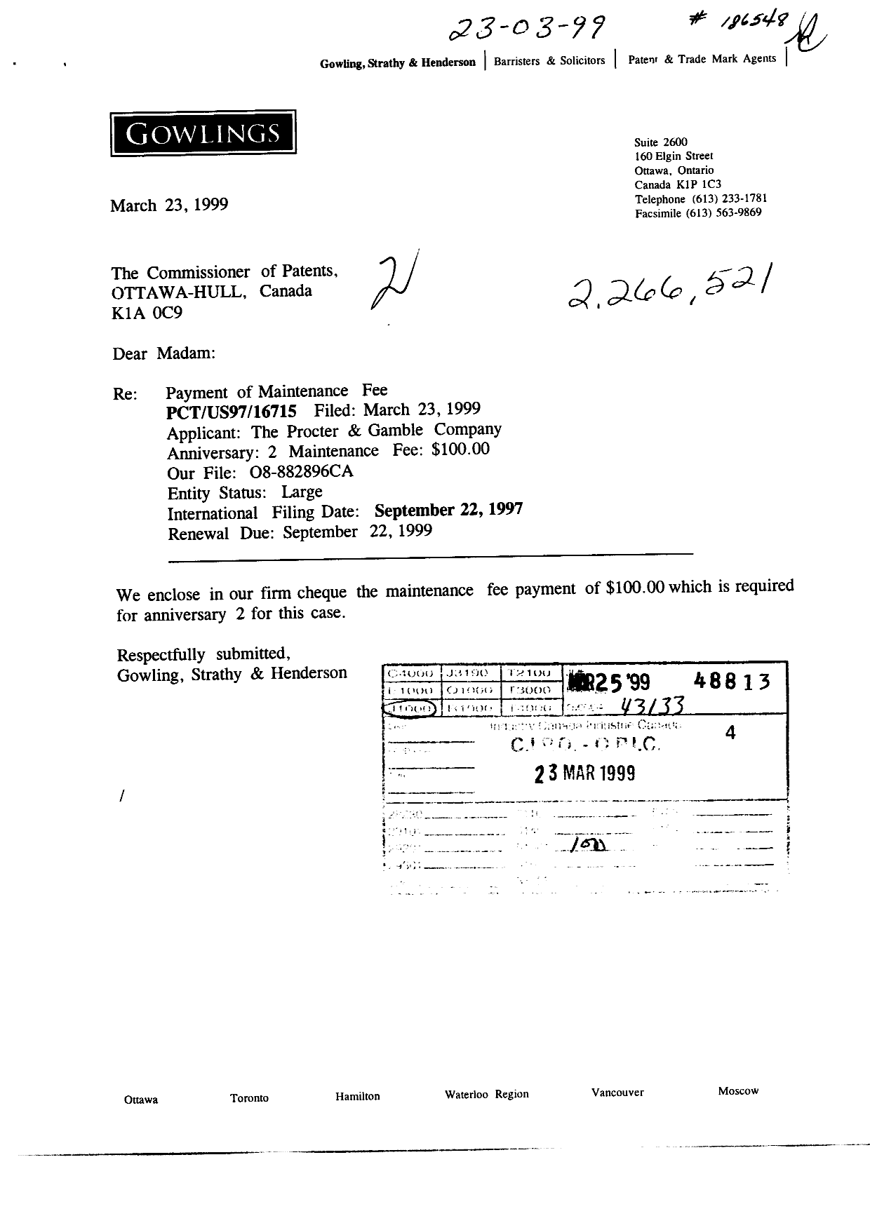 Document de brevet canadien 2266521. Taxes 19990323. Image 1 de 1