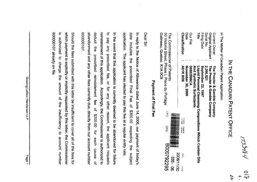 Document de brevet canadien 2266521. Correspondance 20061130. Image 1 de 2