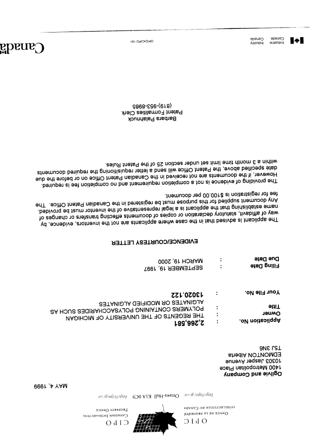 Canadian Patent Document 2266581. Correspondence 19990504. Image 1 of 1