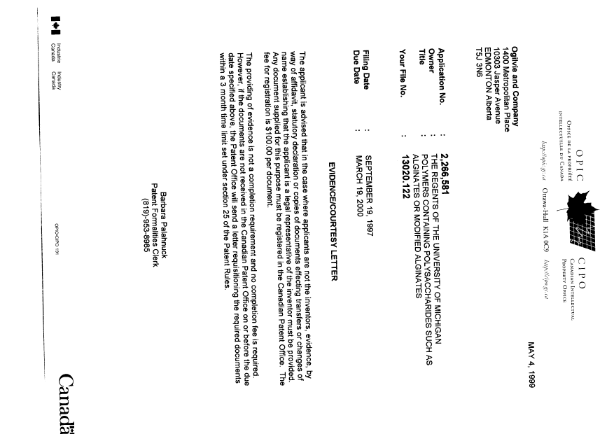 Document de brevet canadien 2266581. Correspondance 19990504. Image 1 de 1