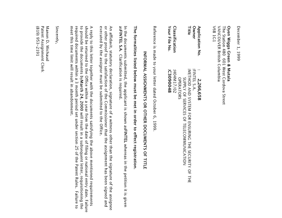 Document de brevet canadien 2266658. Correspondance 19991201. Image 1 de 1