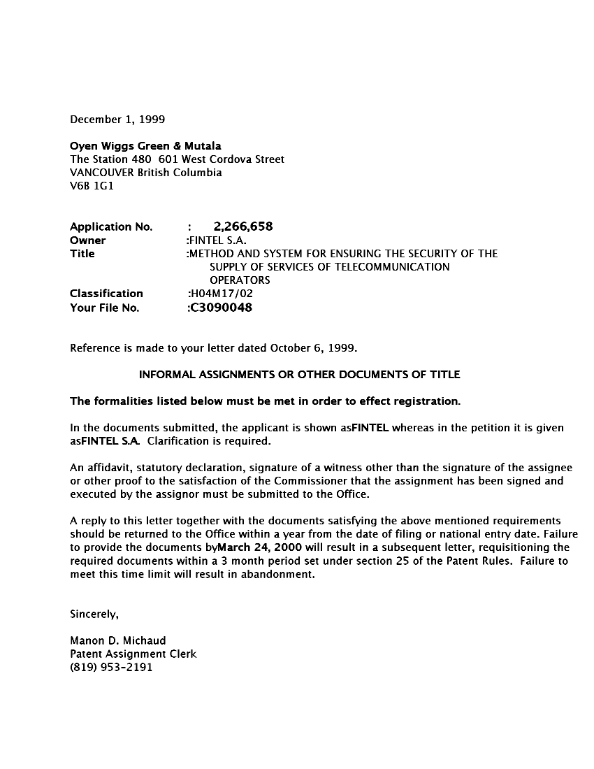 Document de brevet canadien 2266658. Correspondance 19991201. Image 1 de 1