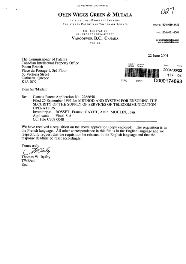 Document de brevet canadien 2266658. Poursuite-Amendment 20040622. Image 1 de 3
