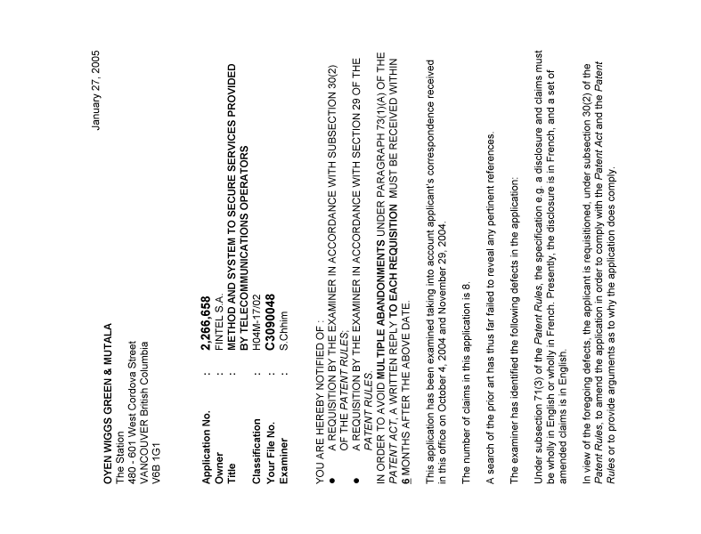 Canadian Patent Document 2266658. Prosecution-Amendment 20050127. Image 1 of 2