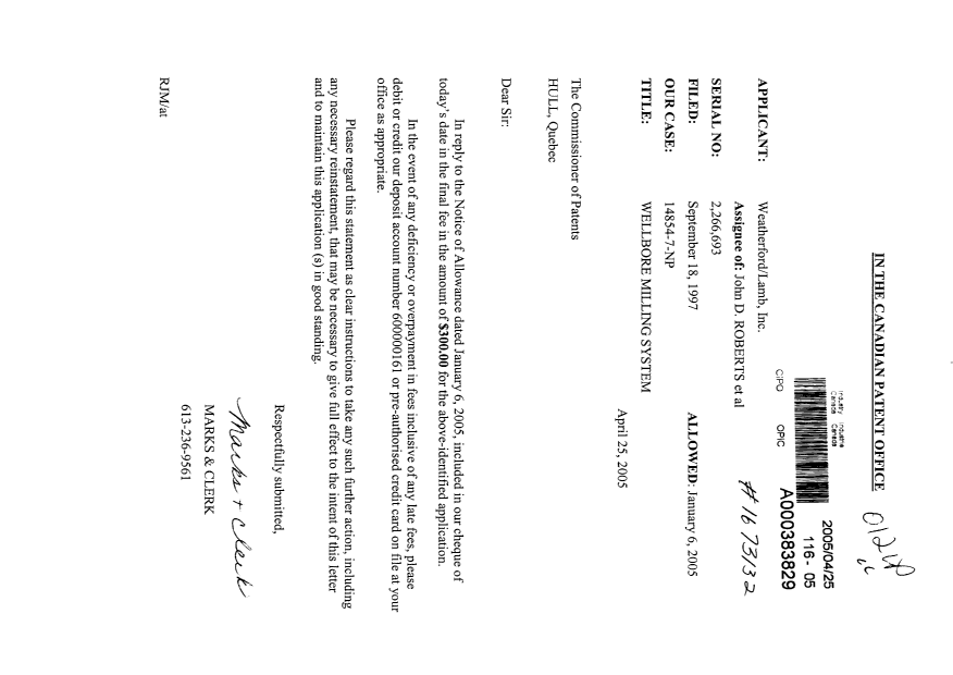 Document de brevet canadien 2266693. Correspondance 20050425. Image 1 de 1