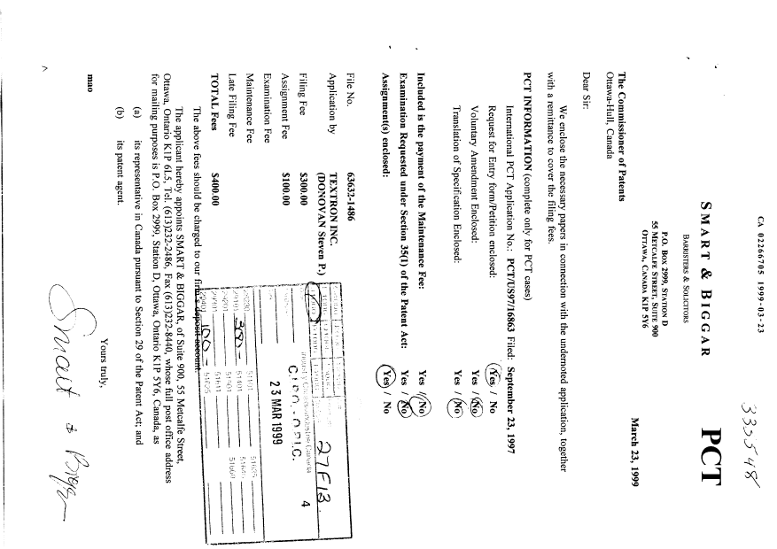 Document de brevet canadien 2266705. Cession 19990323. Image 1 de 2