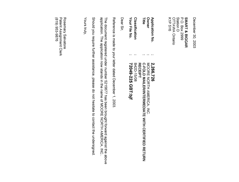 Document de brevet canadien 2266726. Correspondance 20031230. Image 1 de 1
