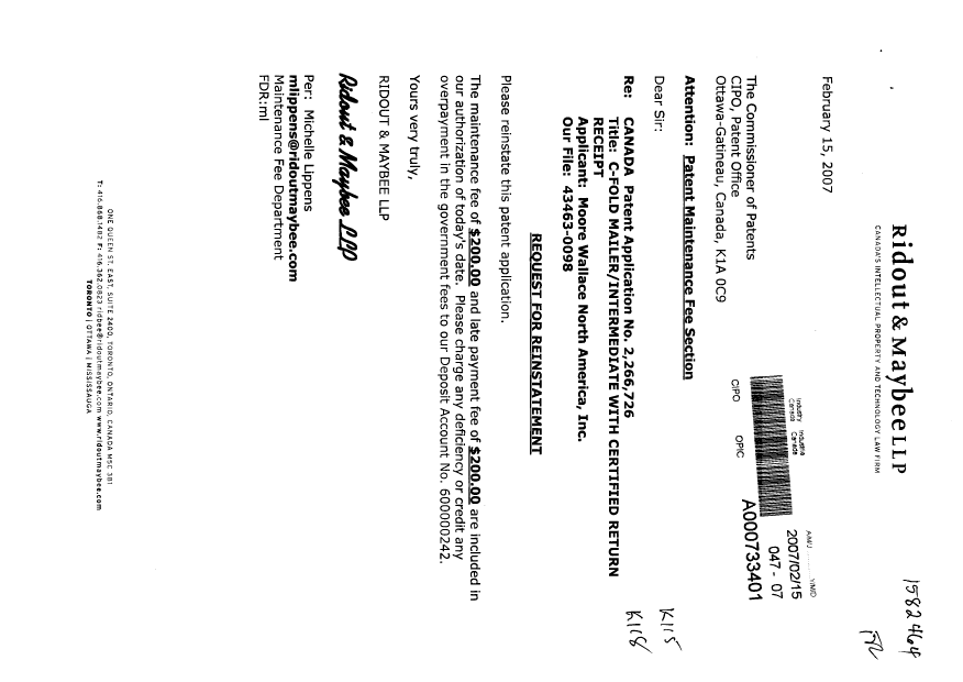 Document de brevet canadien 2266726. Taxes 20070215. Image 1 de 1