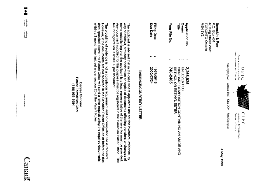 Document de brevet canadien 2266925. Correspondance 19990504. Image 1 de 1