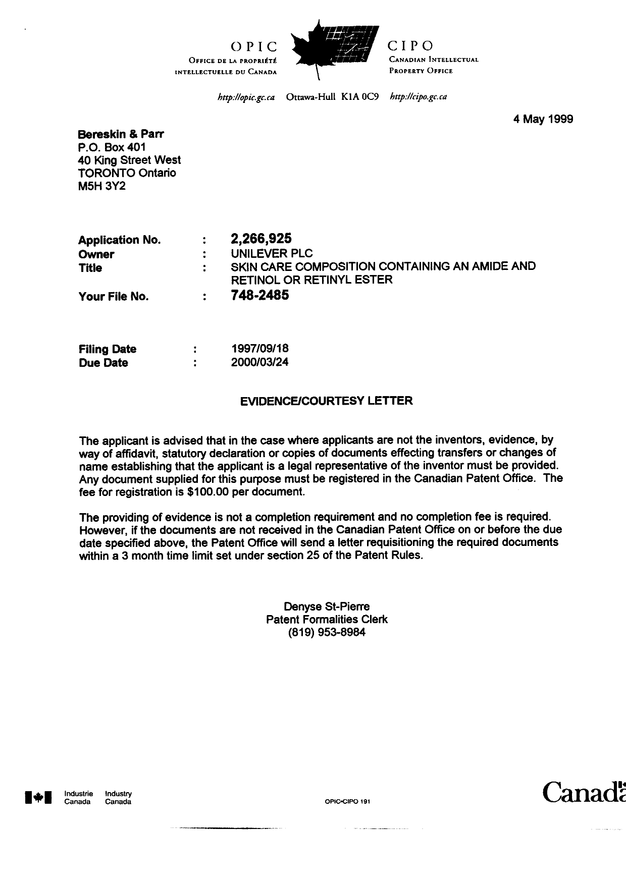 Document de brevet canadien 2266925. Correspondance 19990504. Image 1 de 1