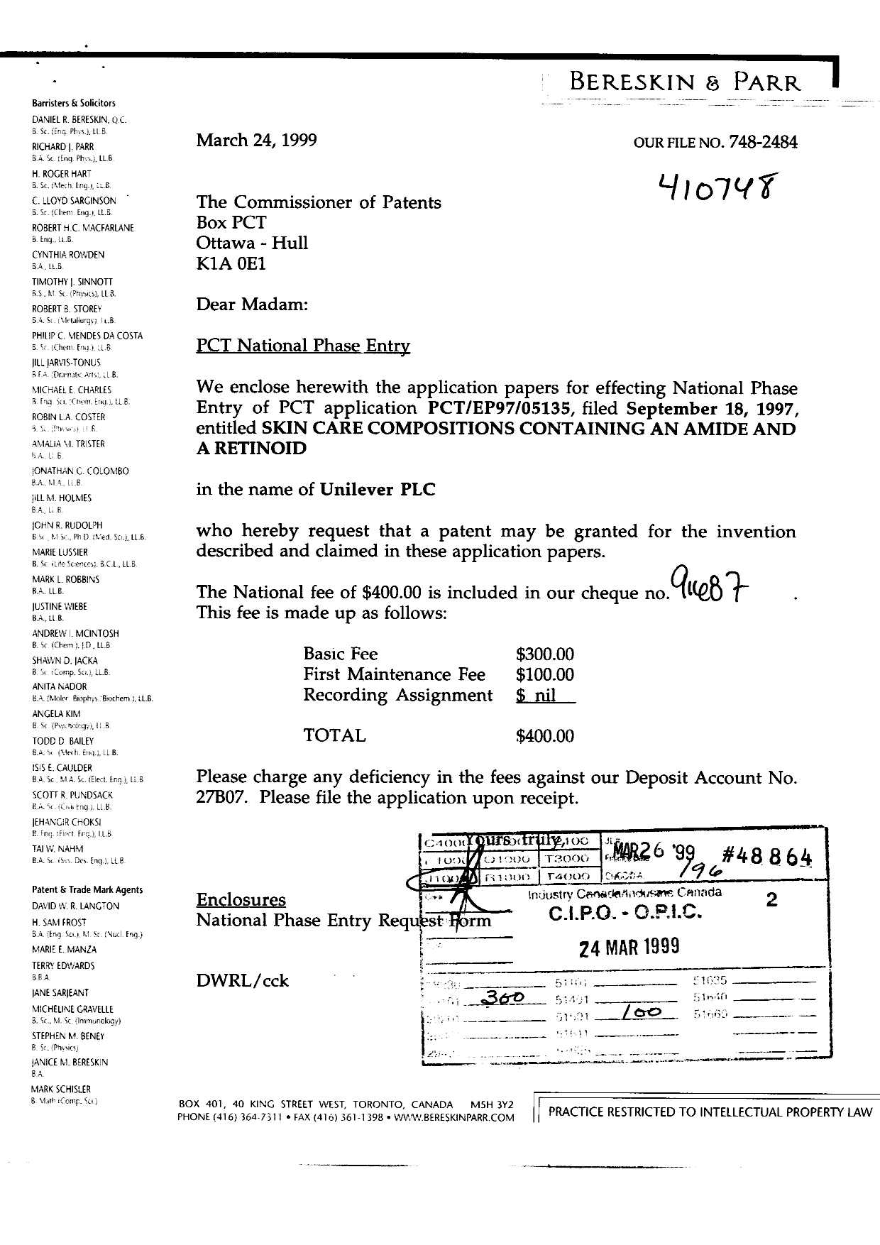 Document de brevet canadien 2266927. Cession 19990324. Image 1 de 3