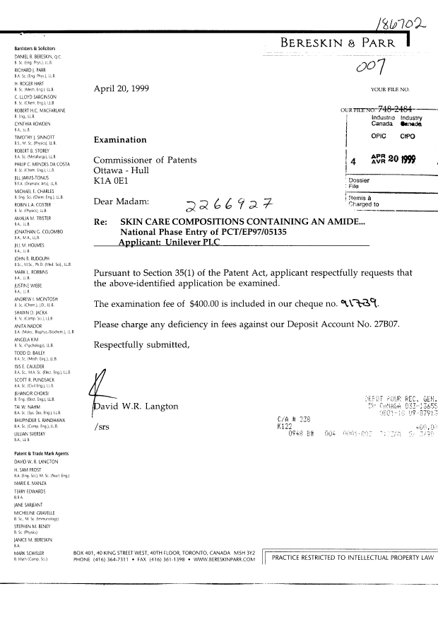 Canadian Patent Document 2266927. Prosecution-Amendment 19990420. Image 1 of 1