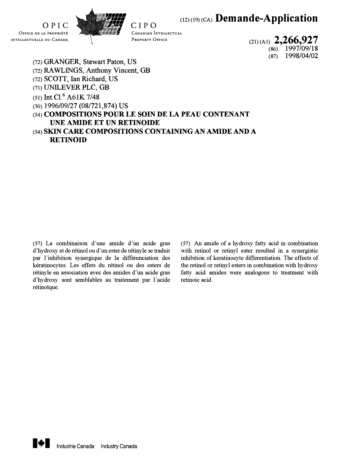 Document de brevet canadien 2266927. Page couverture 19990601. Image 1 de 1