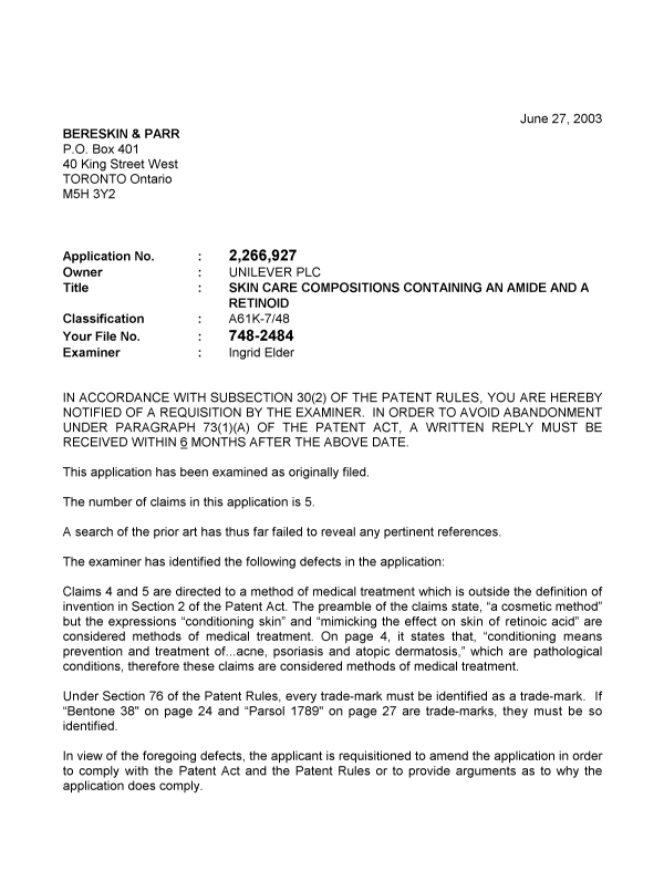 Canadian Patent Document 2266927. Prosecution-Amendment 20030627. Image 1 of 2