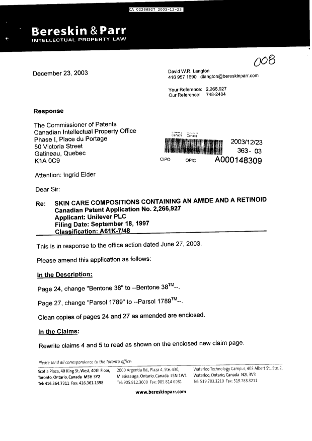 Canadian Patent Document 2266927. Prosecution-Amendment 20031223. Image 1 of 5
