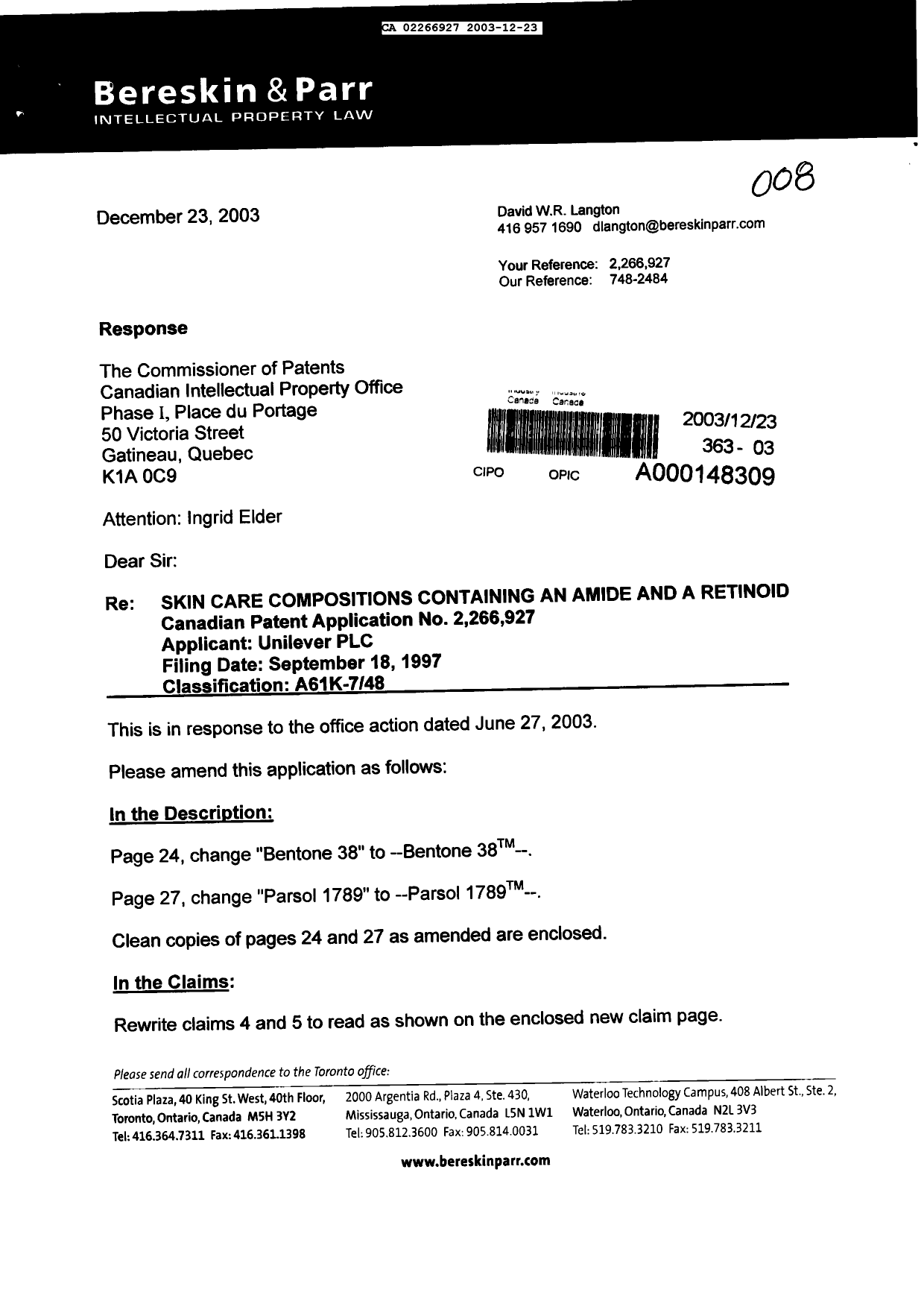 Document de brevet canadien 2266927. Poursuite-Amendment 20031223. Image 1 de 5