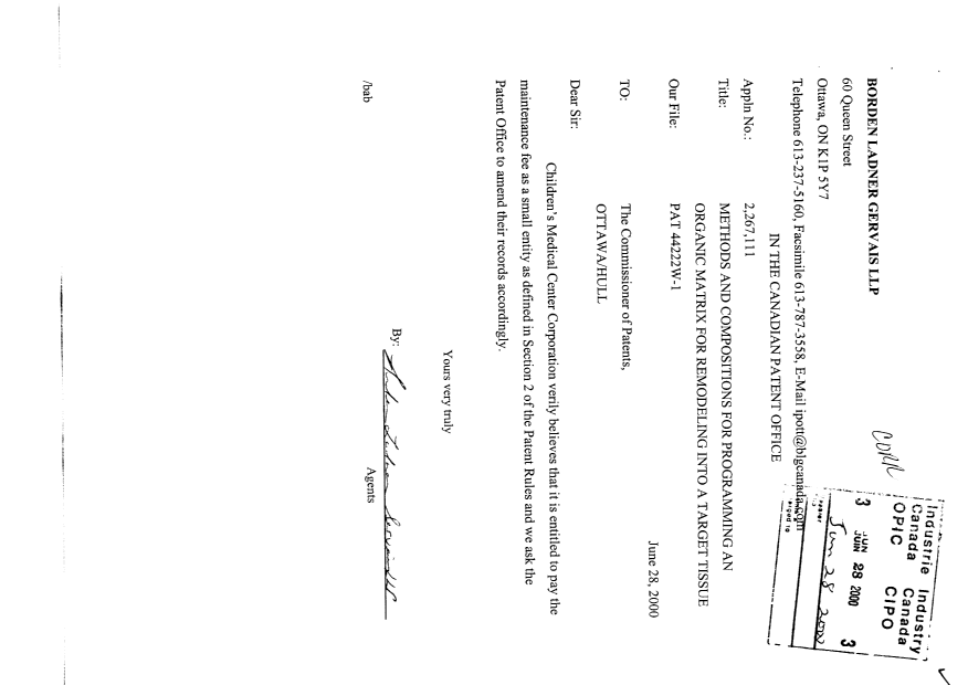 Document de brevet canadien 2267111. Correspondance 20000628. Image 1 de 1