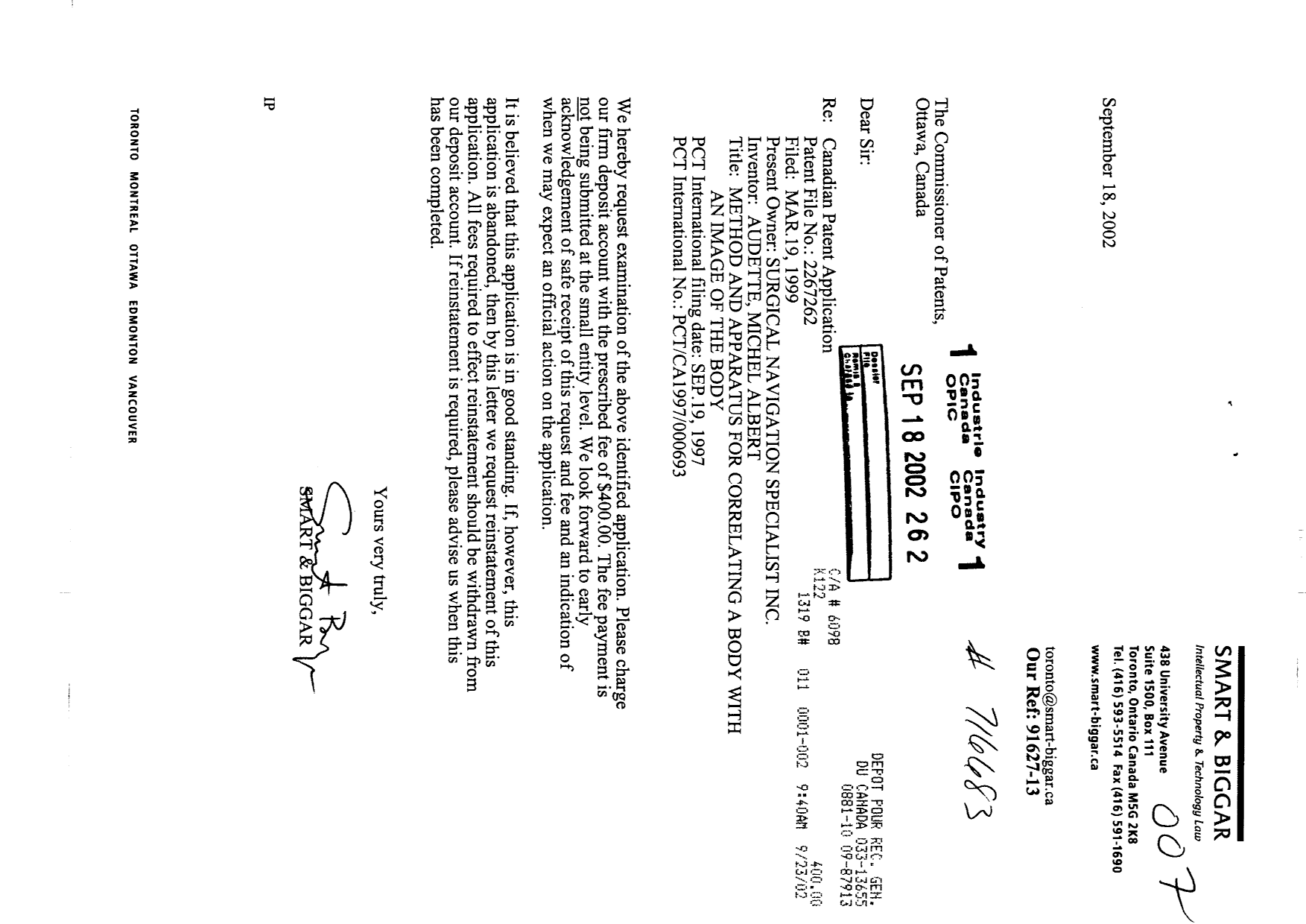 Canadian Patent Document 2267262. Prosecution-Amendment 20020918. Image 1 of 1