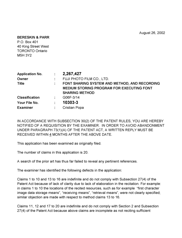 Canadian Patent Document 2267427. Prosecution-Amendment 20020826. Image 1 of 3