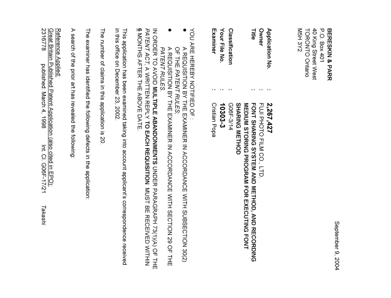 Document de brevet canadien 2267427. Poursuite-Amendment 20040909. Image 1 de 4