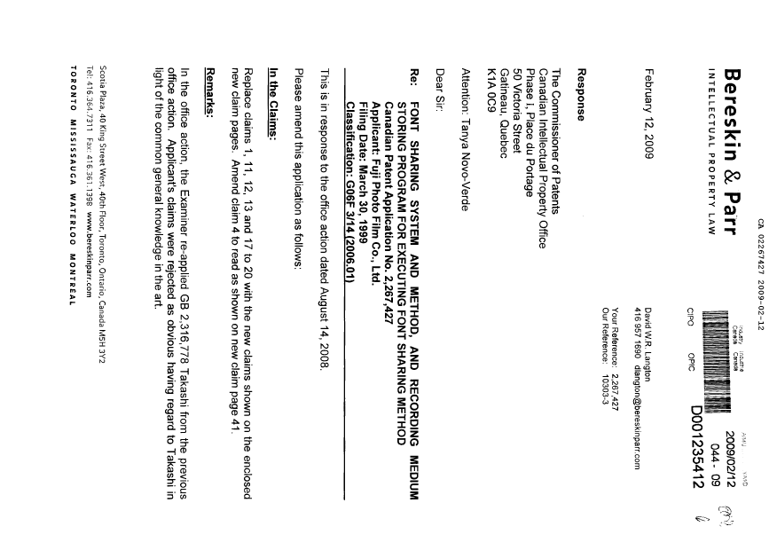 Document de brevet canadien 2267427. Poursuite-Amendment 20090212. Image 1 de 15