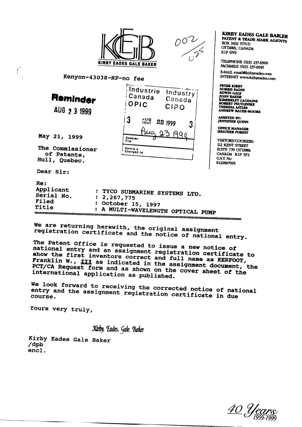 Document de brevet canadien 2267775. Cession 19990823. Image 1 de 1