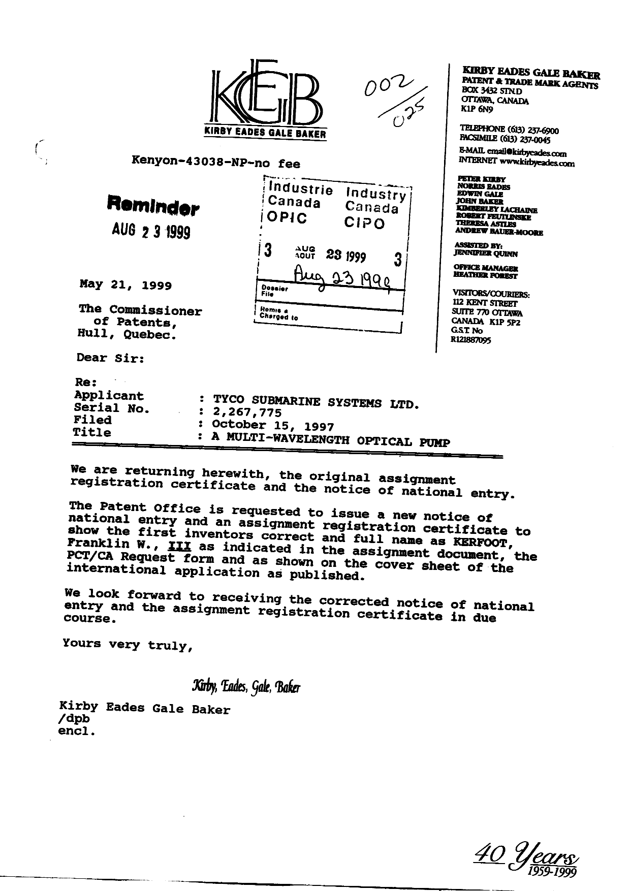 Canadian Patent Document 2267775. Assignment 19990823. Image 1 of 1