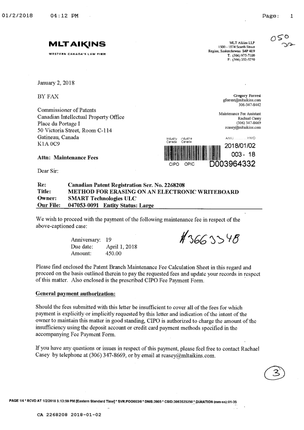 Canadian Patent Document 2268208. Maintenance Fee Payment 20180102. Image 1 of 3