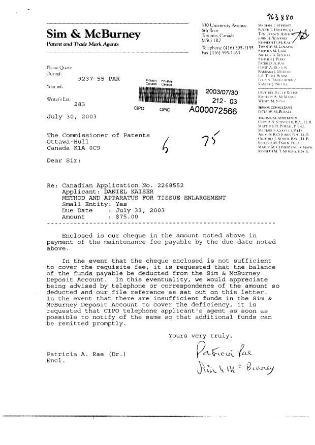 Document de brevet canadien 2268552. Taxes 20030730. Image 1 de 1