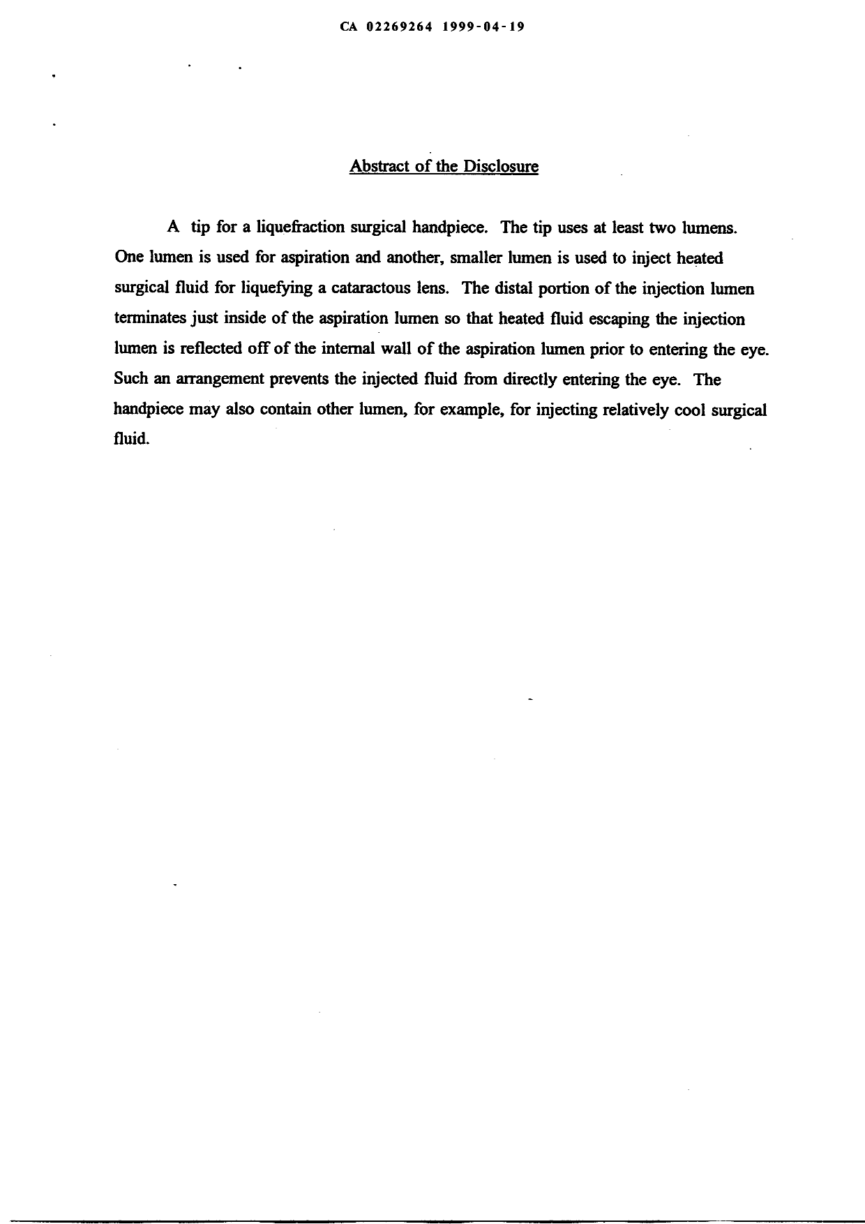 Document de brevet canadien 2269264. Abrégé 19990419. Image 1 de 1