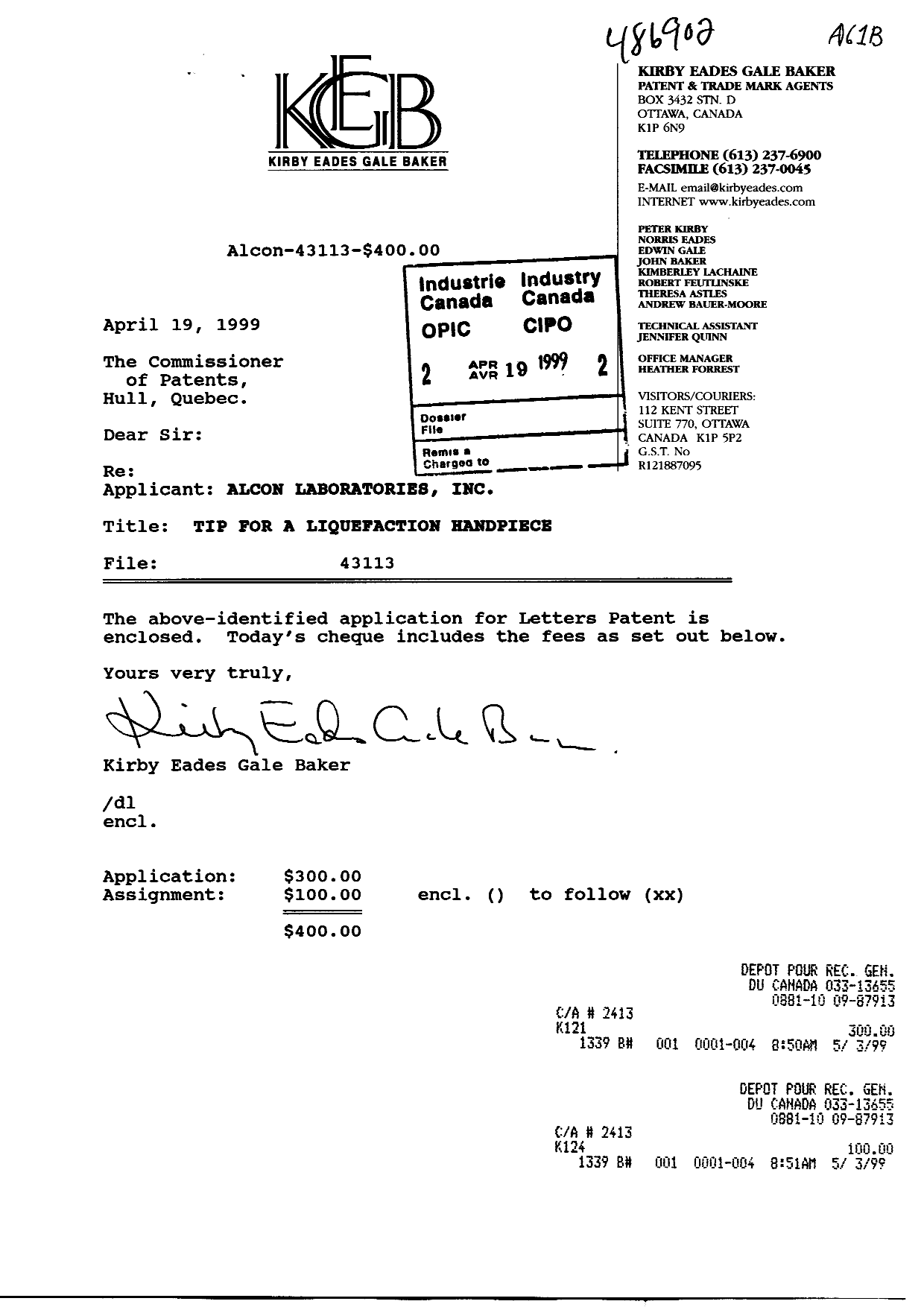 Document de brevet canadien 2269264. Cession 19990419. Image 1 de 3