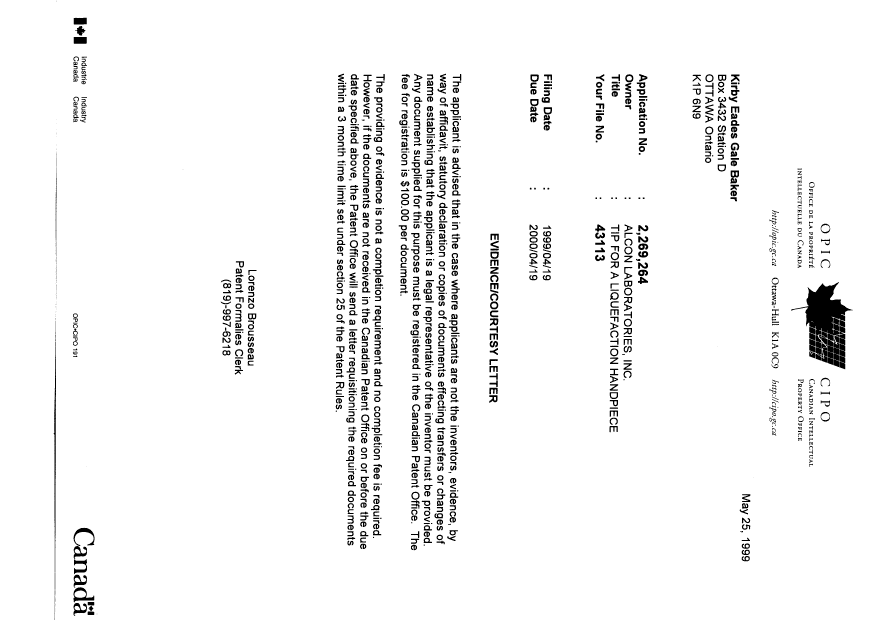 Document de brevet canadien 2269264. Correspondance 19990525. Image 1 de 1