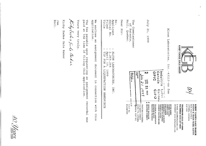Document de brevet canadien 2269264. Cession 19990721. Image 1 de 6